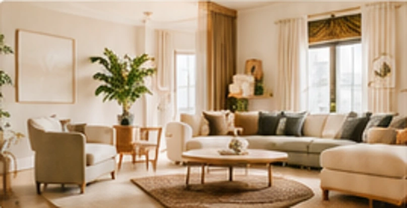 An elegant ivory living room with natural light and sage accents
